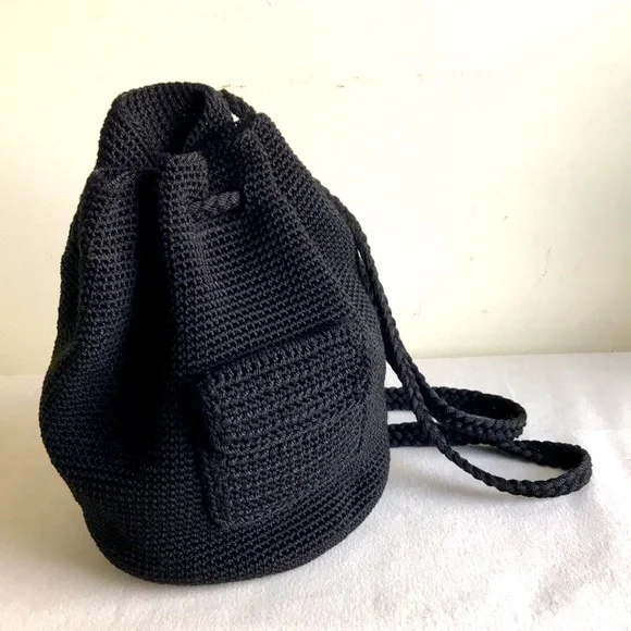 The Sak Black Crochet Drawstring Backpack BLACK CROCHET SAK STYLE BOHO DRAWSTRING BACKPACK STYLE PURSE  main image 2